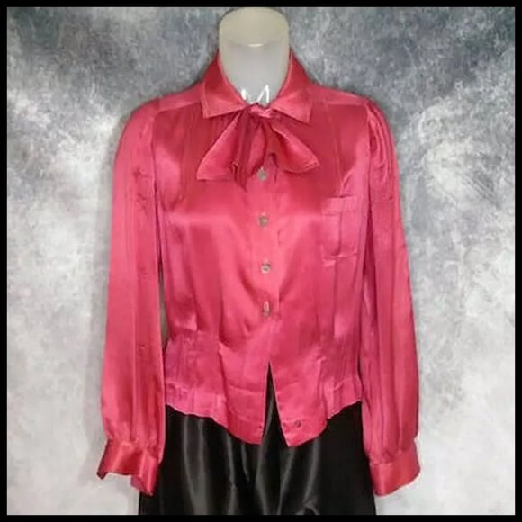 Vintage Silk Charmeuse Long Sleeve Blouse, Tie Bow 30s 1930s - Picture 2 of 14